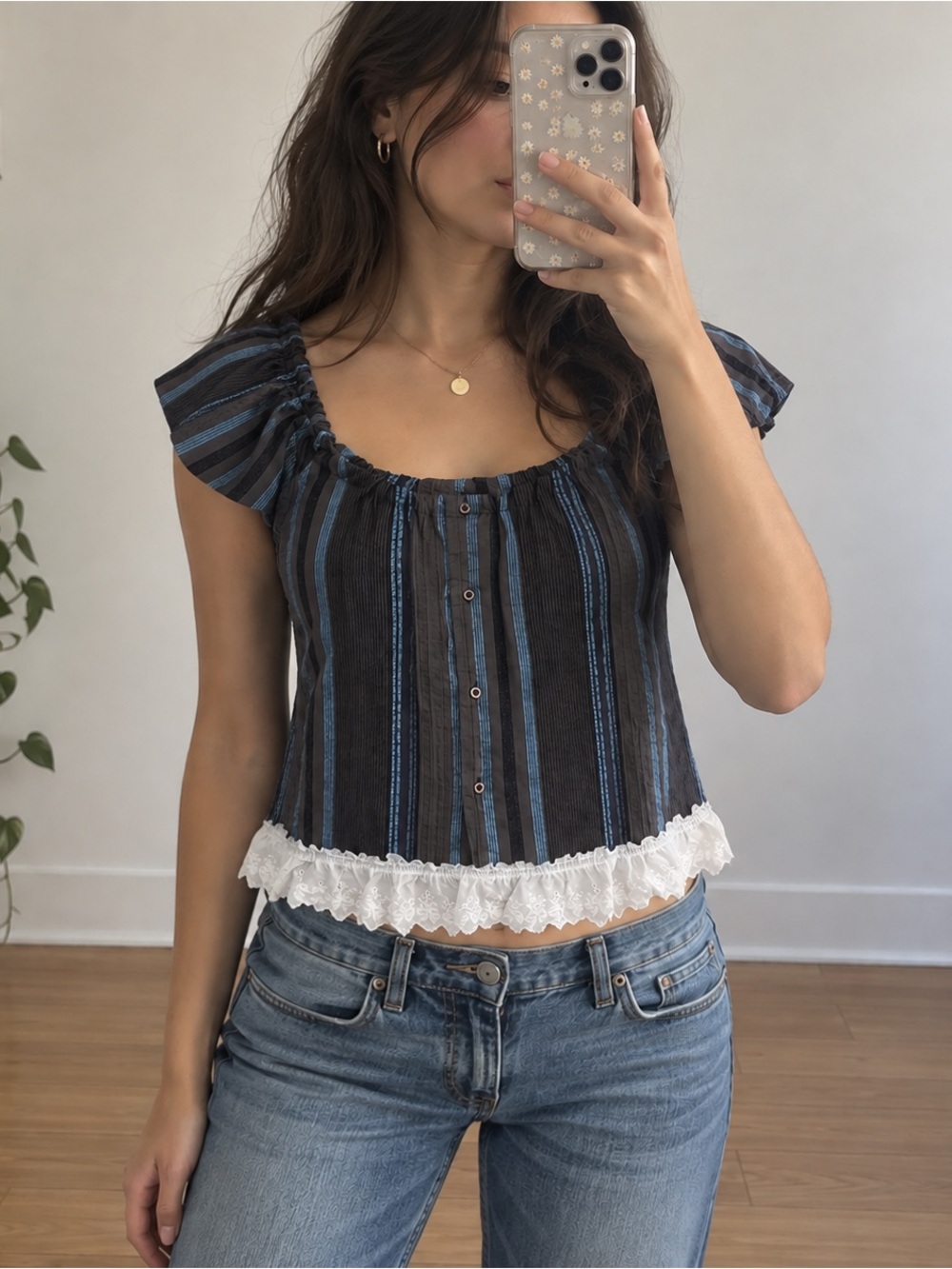 Upcycled Striped Lace Trim Babydoll Top Y2K Fairy Grunge S
